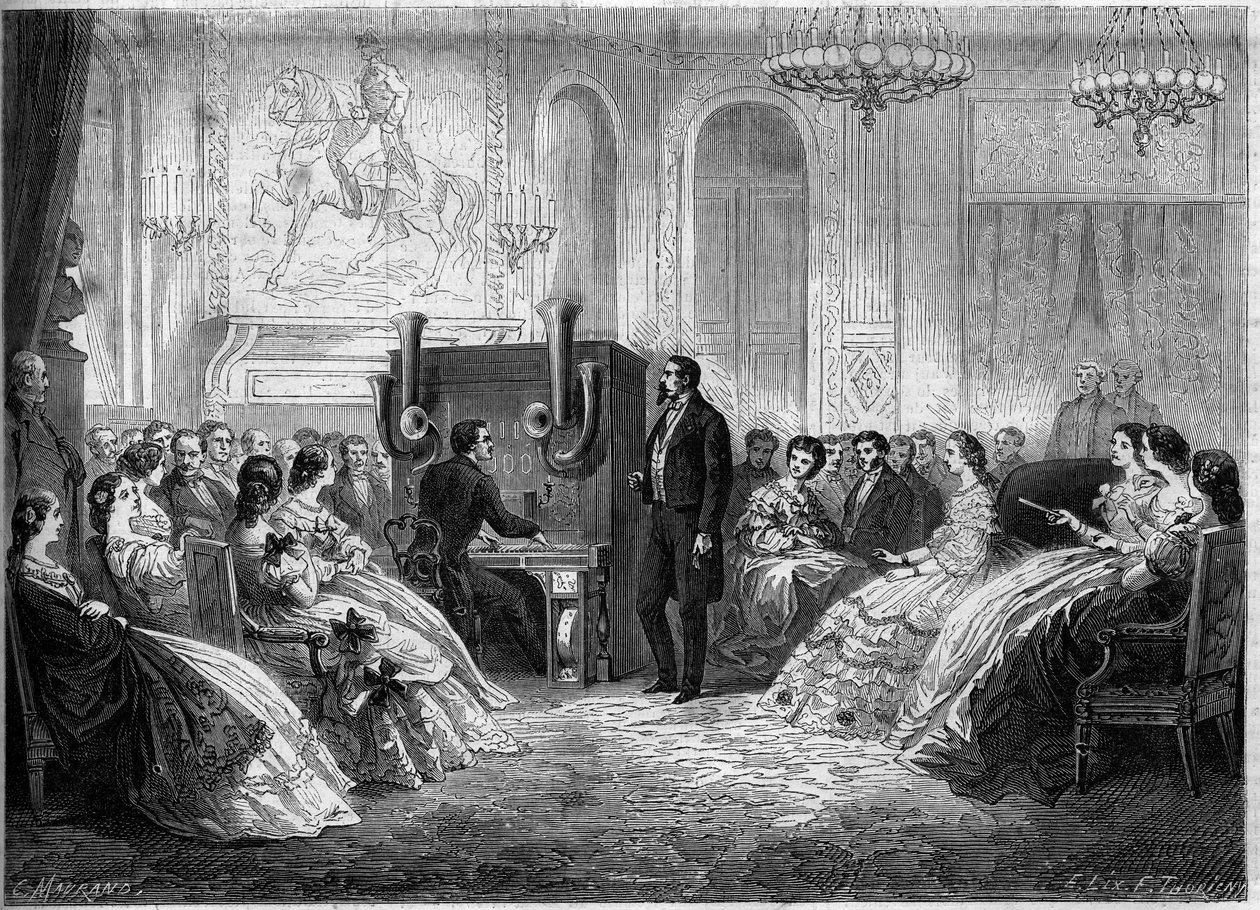 Concert of piano electromotor orchestra, by its inventor J.B. Schalkenbach, in the presence of Napoleon III and Impress Eugenie de Montijo. Palais de Saint Cloud by French School