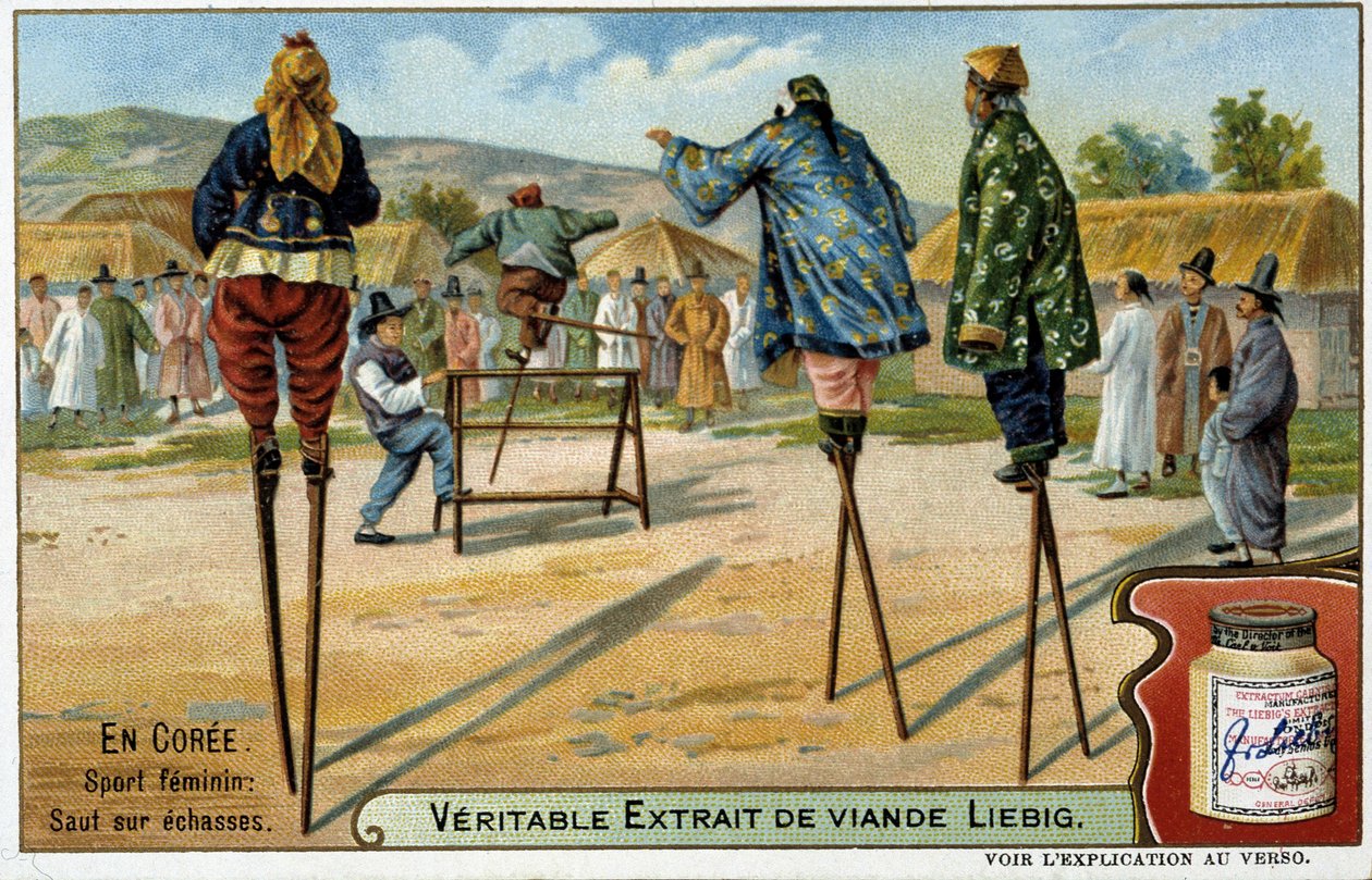 Coree: female sport of jumping on stilts - chromo Liebig, c.1900 by French School