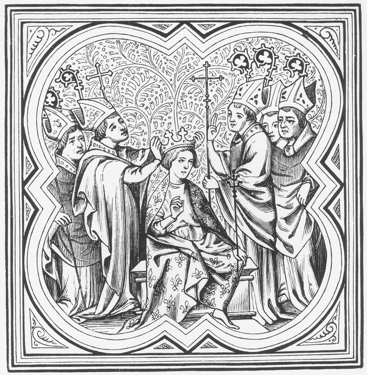 Coronation of Charlemagne (742-814) after a Miniature in Chronicles of St. Denis by French School