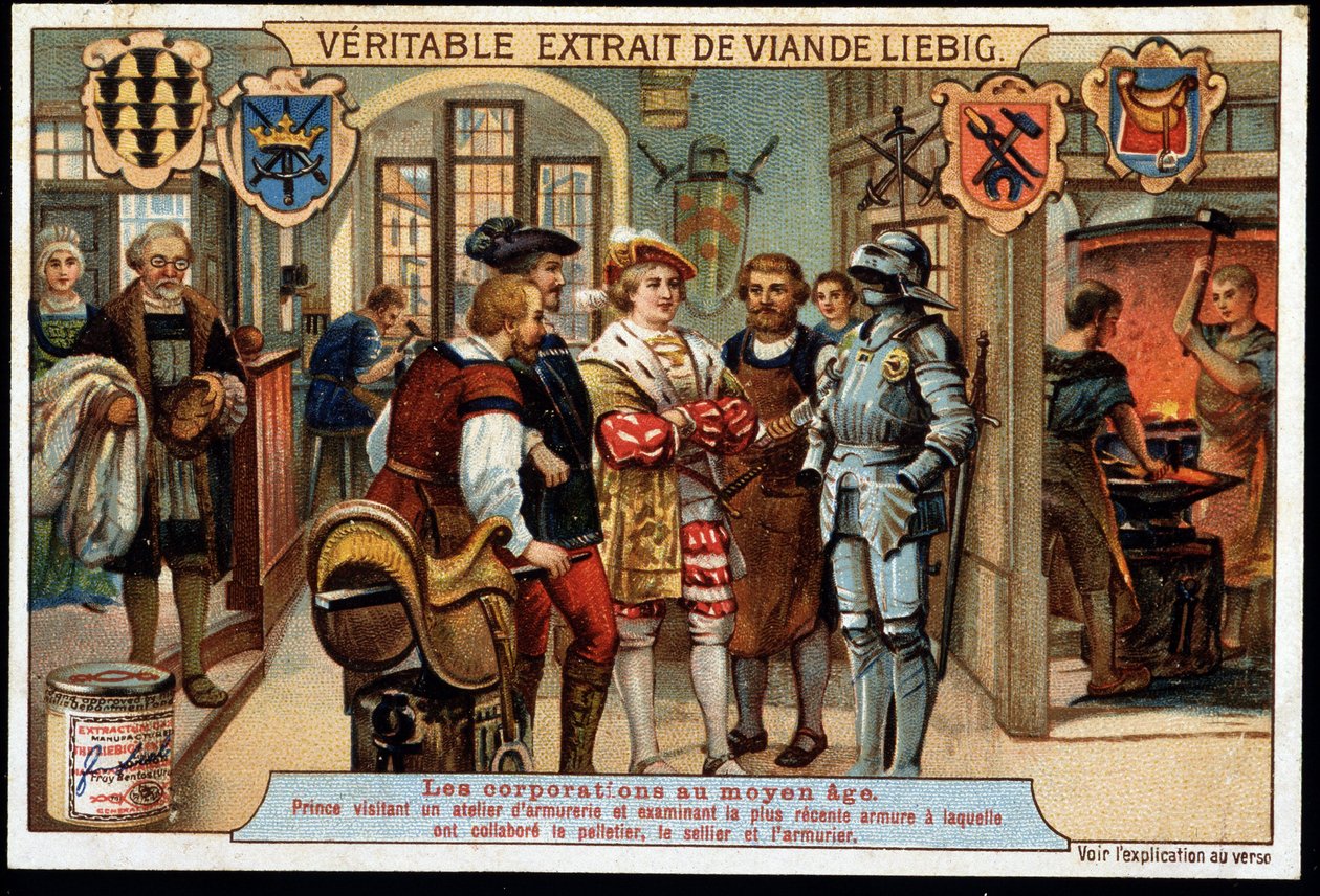 Corporations in the Middle Ages: Prince visiting an armory workshop and examining the most recent armor in which the pelletier, saddler and gunsmith worked by French School