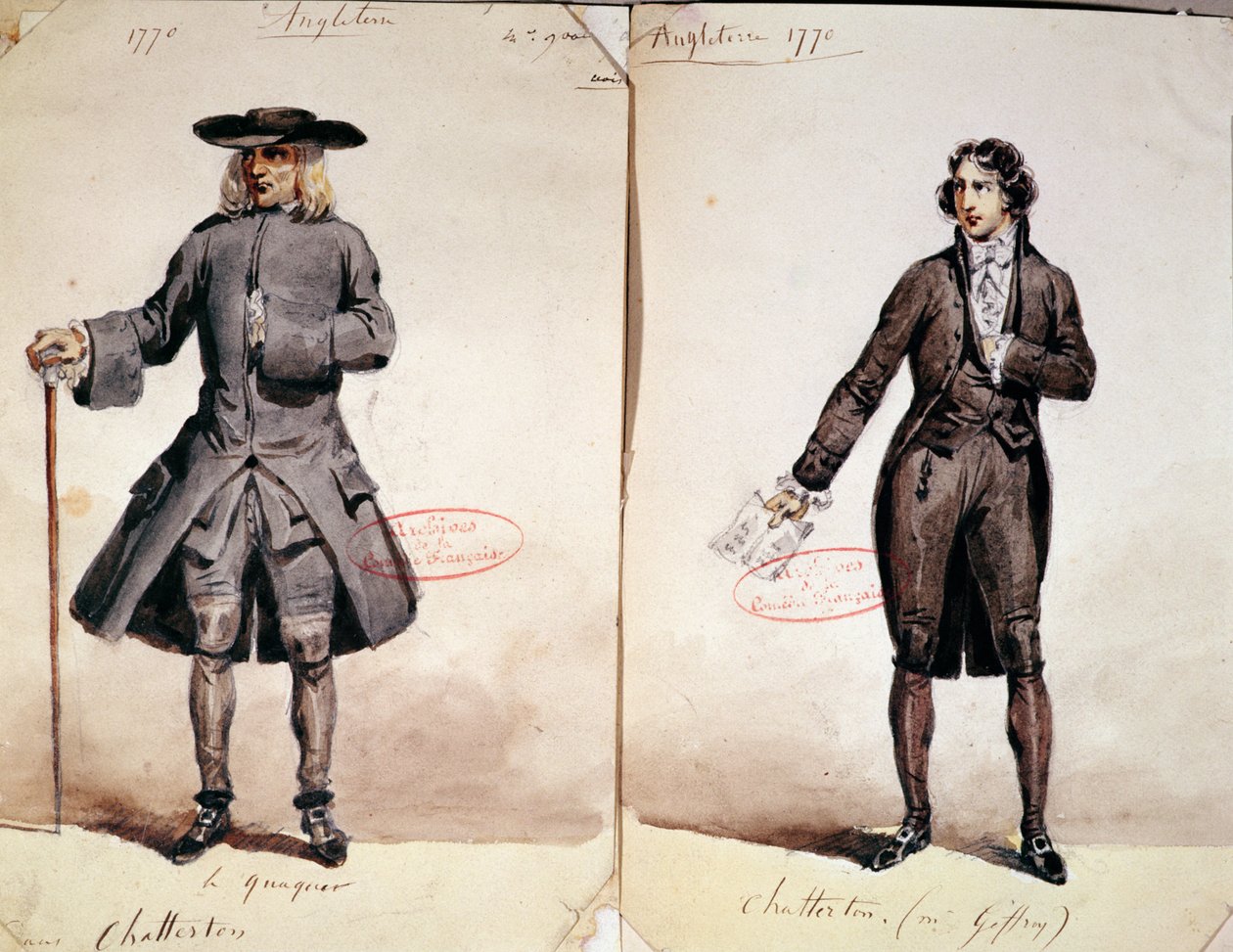 Costume Design for the First Production of Chatterton by Alfred de Vigny (1791-1863): the Quaker and Geffroy as Chatterton, 1835 by French School