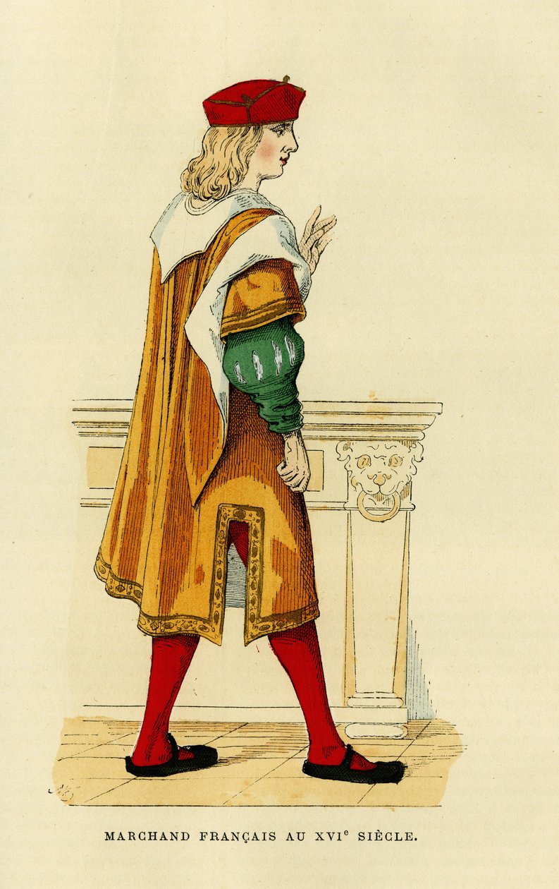 Costume of a French merchant in the 17th century. Engraving in colours, in France et les francais a travers les centuries by Augustin Challamel, F.Roy editor, Paris 1882. Selva Collection. by French School