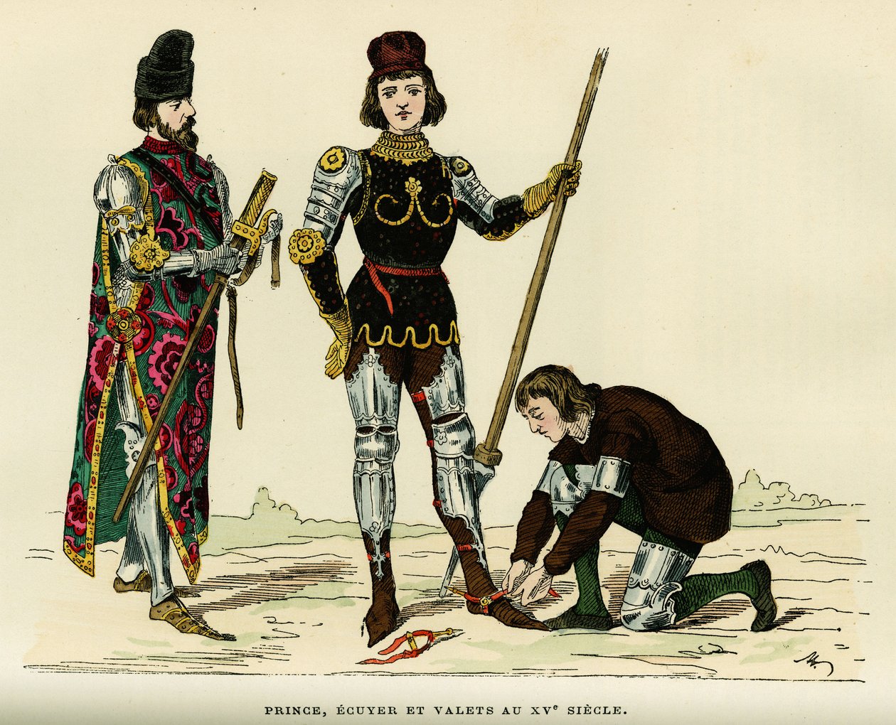 Costumes of prince, of his écuyer and his valet, in the 15th century. Colour engraving, in 