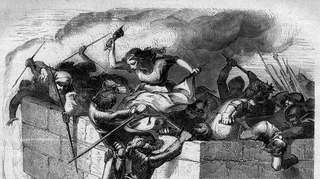 Countess Mathilde of Tuscany (Matilde di Toscana) known as Canossa (1046-1115) pushed back the troops of Emperor Henry IV of the Holy Germanic Empire to his Castle of Canossa in 1077. Engraving in 