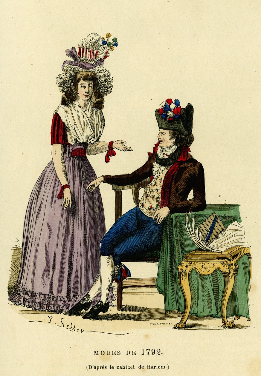 Couple in fashion from 1792. Colour engraving after the drawing of Haarlem
