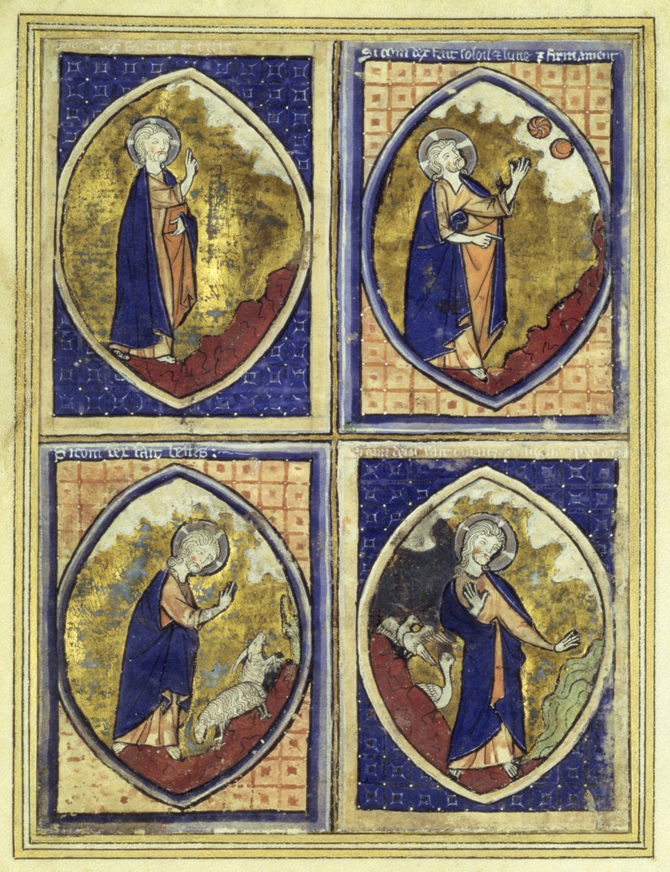 Creation of the firmament, creation of the sun and of the moon, creation of the animals, creation of the birds, late 13th century by French School
