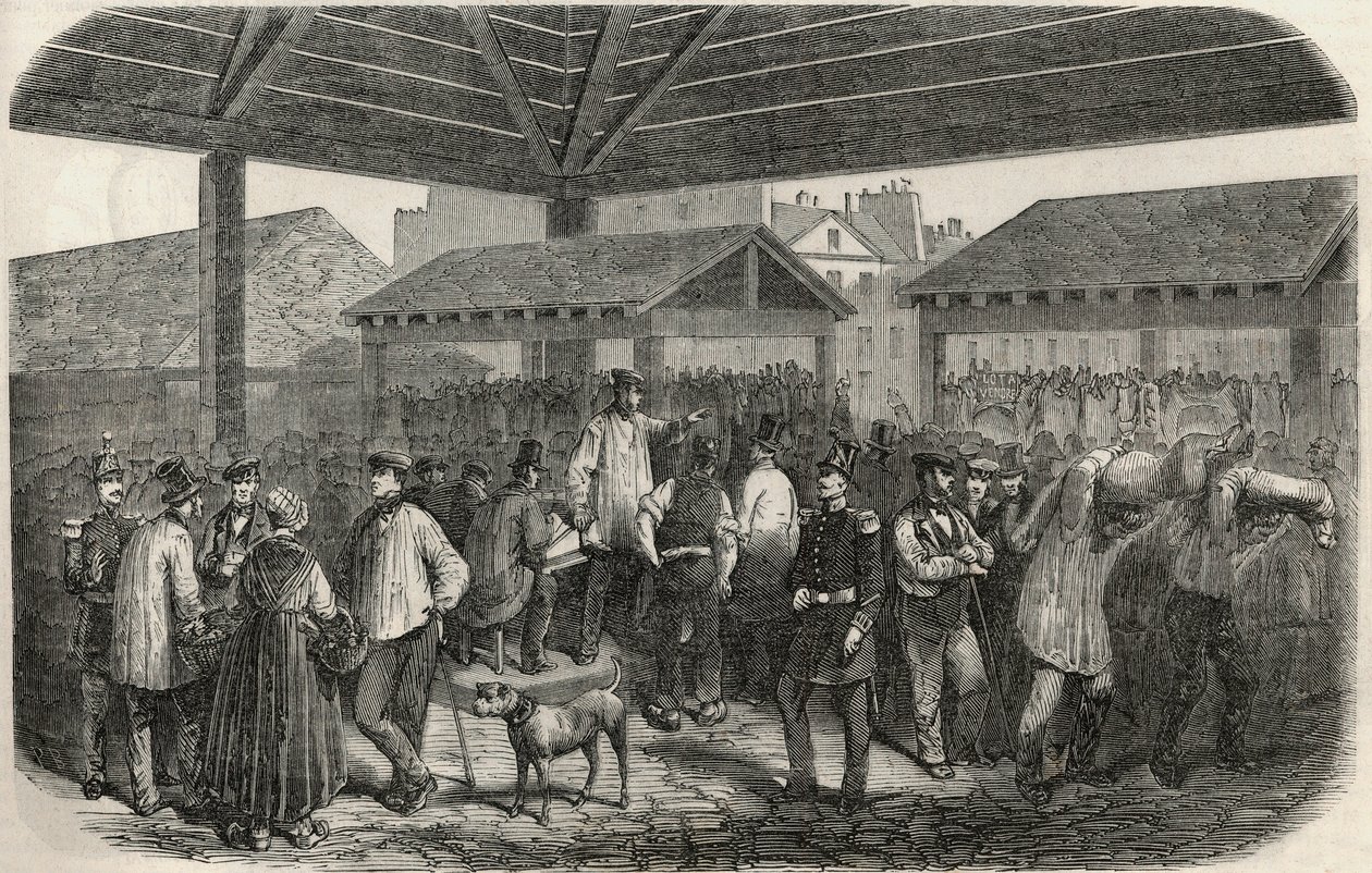 Cree de la viande de boucherie au marche de la rue des Prouvaires dans le I arrondissement de Paris - Engraving in 