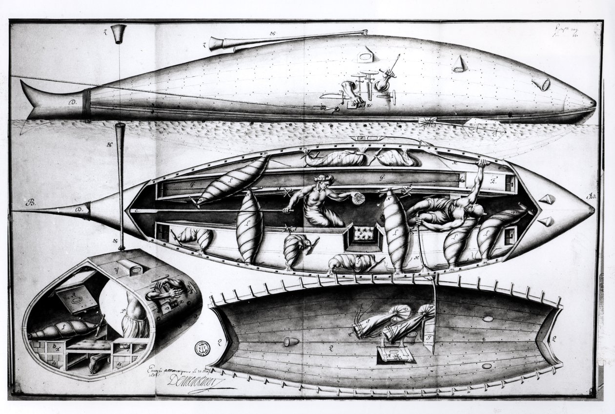 Cross-Section of a Submarine, from a manuscript, March 1689 by French School