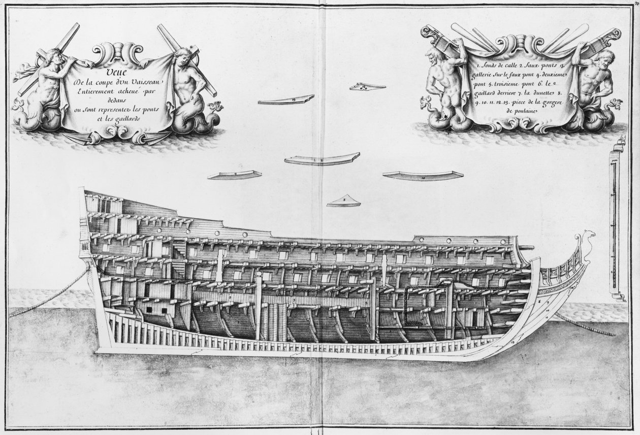 Cross-section of the fully completed inside of a vessel, illustration from the Atlas de Colbert, plate 37 by French School
