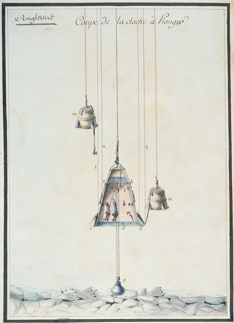 Cross-sectional drawing of a diving bell by French School