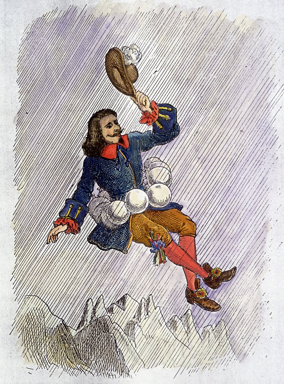 Cyrano de Bergerac ableve by his vials, illustration of the novel by Cyrano de Bergerac: 