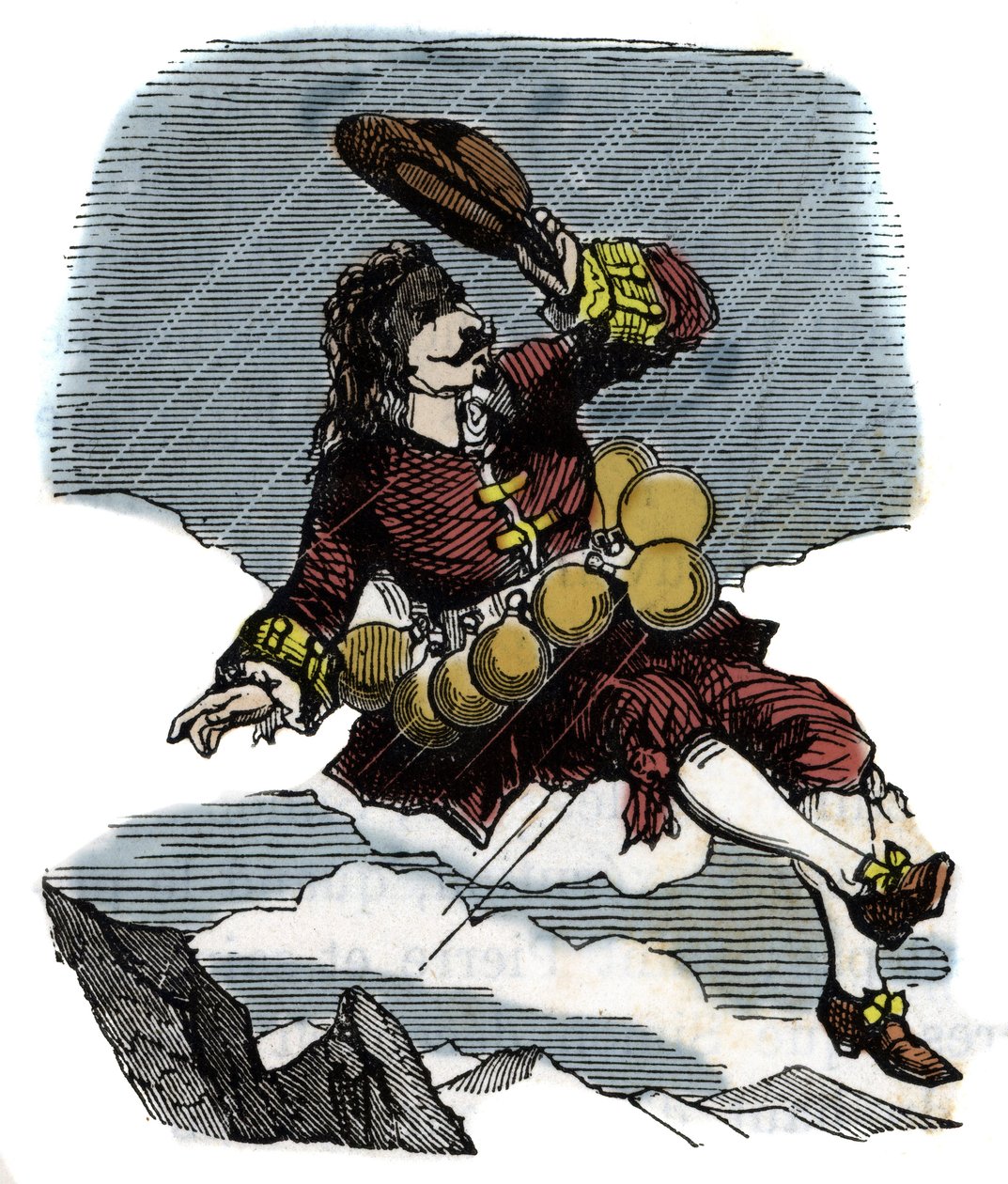 Cyrano de Bergerac rises in the sky thanks to vials of rosee and voyage to the moon, illustration of the novel by Hercules Savinien Cyrano de Bergerac (1619-1655): 