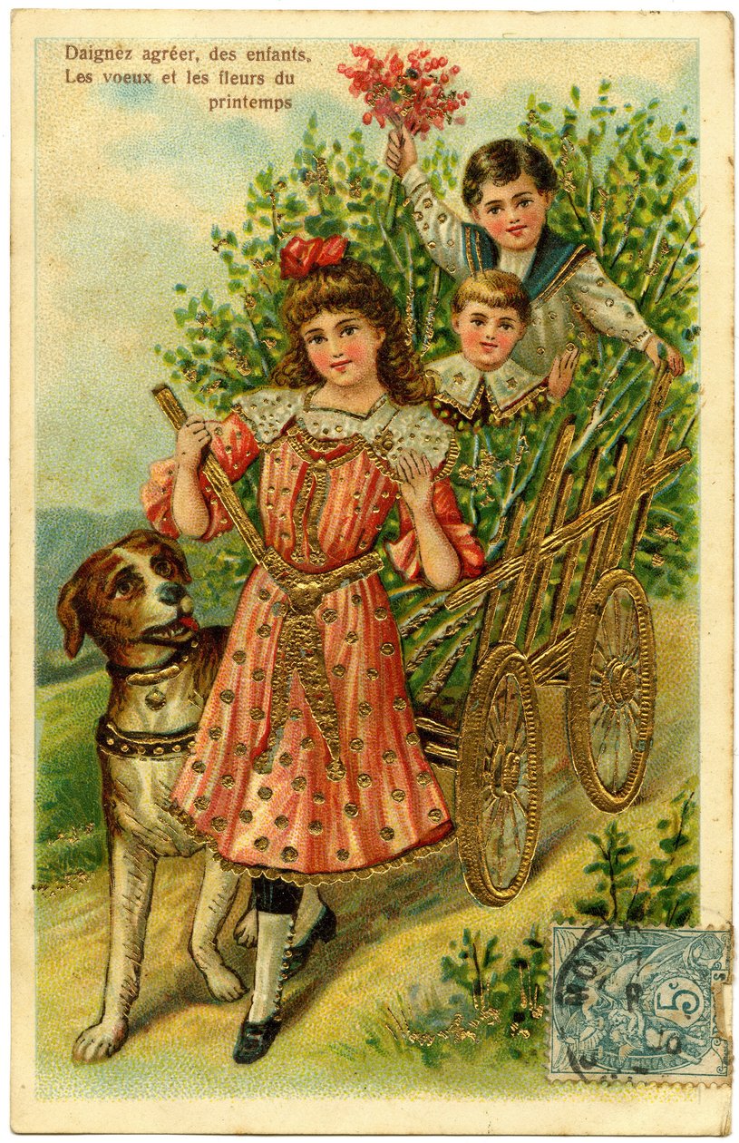 Children in a Cart Accompanied by a Dog. Postcard Beginning of the 20th Century by French School