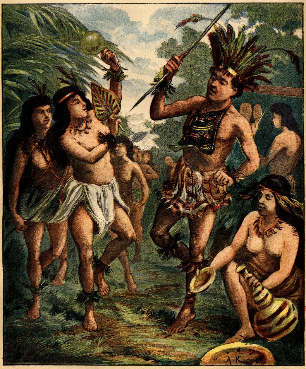 Dance of Roucouyan Indians in the Caribbean. Engraving in La Terre Illustree n°77 of 21 April 1892 by French School