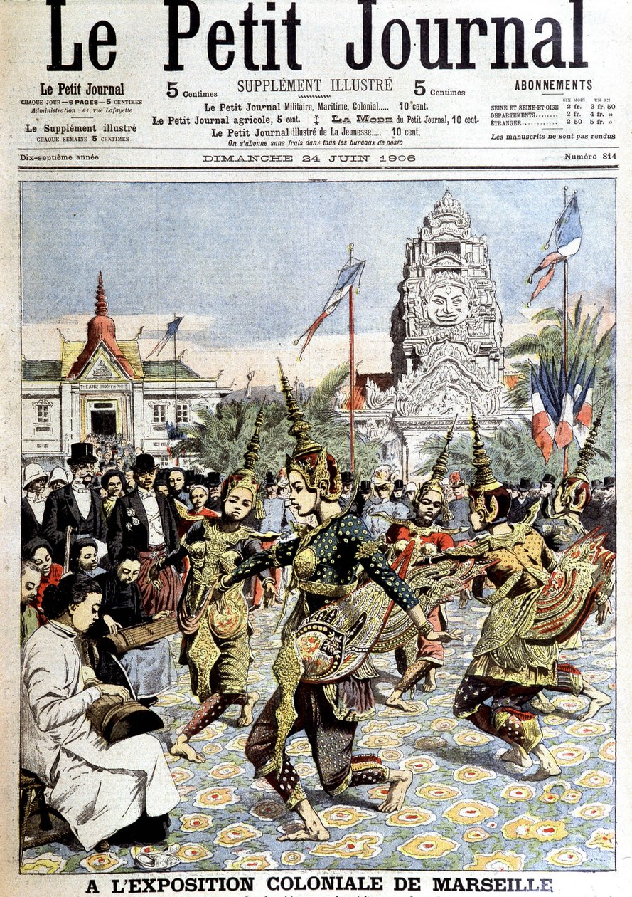 Dancers of King Sisowath, performing the dance of nymphs in the forest, at the colonial exhibition of Marseille. In “Le petit journal”, on 24/06/1906 (engraving) by French School