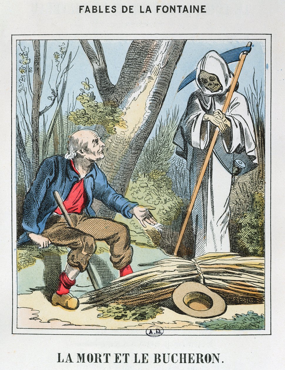 Death and the Woodman (coloured engraving) by French School