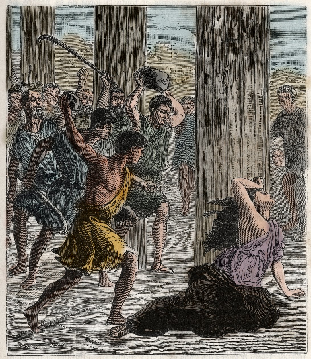 Death of Hypatia - Hypatia (c370-415) female mathematician and philosopher (Neoplatonist) murdered by followers of Cyril, Patriarch of Alexandria - Death of Hypatia - Engraving in 