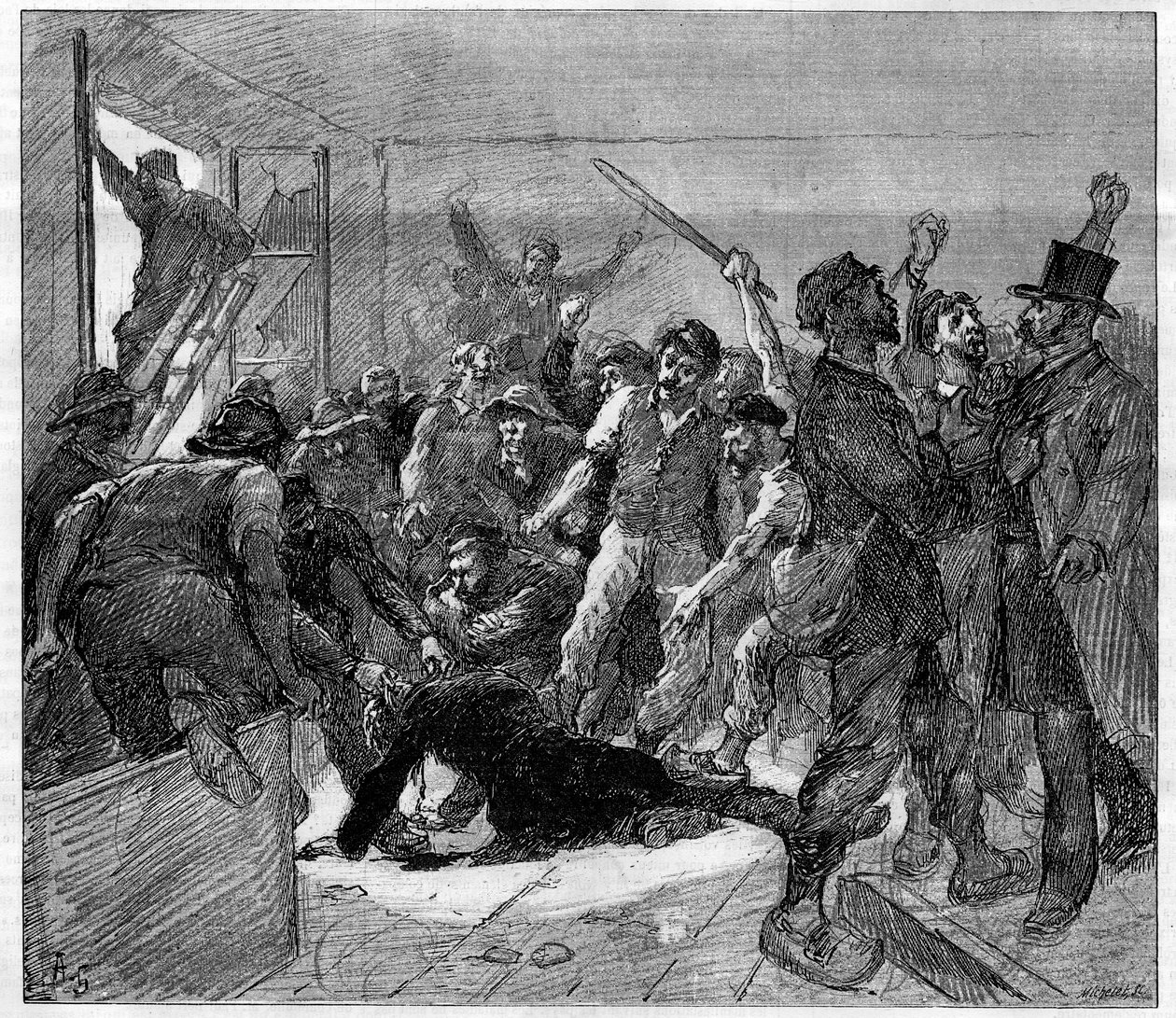 Decazeville (Aveyron) miners strike in 1886: engineer Watrin was murdered by the strikers. Engraving in Le Monde Illustre, 6 February 1886 by French School