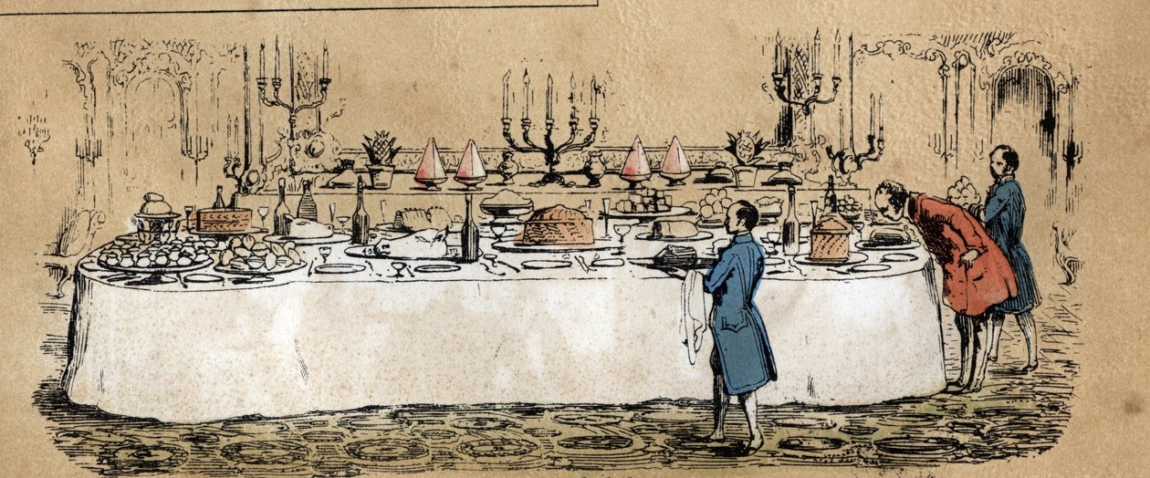 Description of the different products and uses of the cow: products from the cow can be found on the table of a mundane buffet during a ball. Plate 