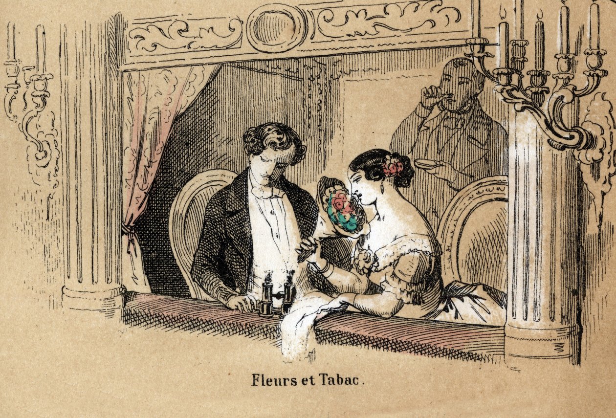 Description of the five senses: smell, spectators in an opera lodge, bathed in the fragrance of flowers and tobacco. Plate 