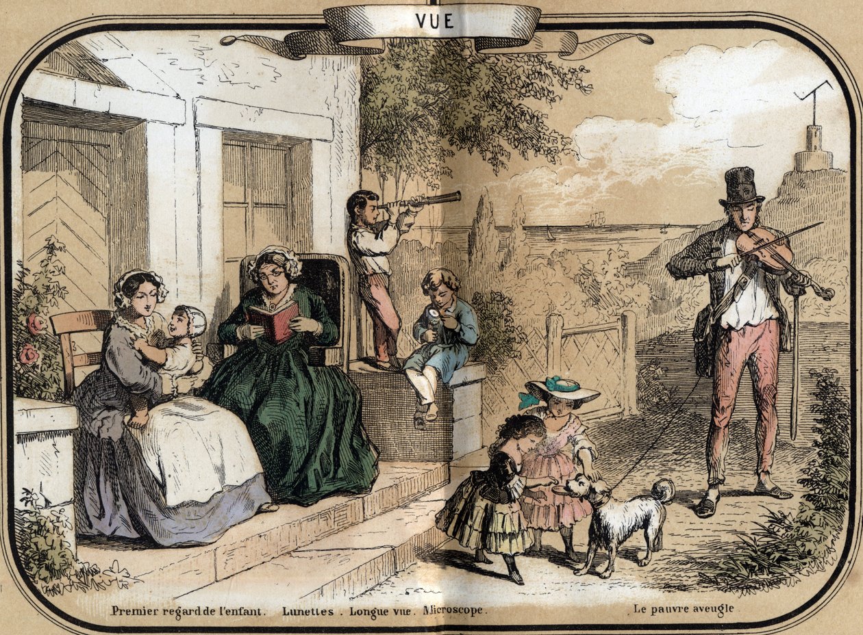 Description of the five senses: the view, from left to right, an infant opening her eyes to her mother, an old woman reading with glasses, a little boy playing with a long view allowing to see from a long distance, another using a microscope by French School