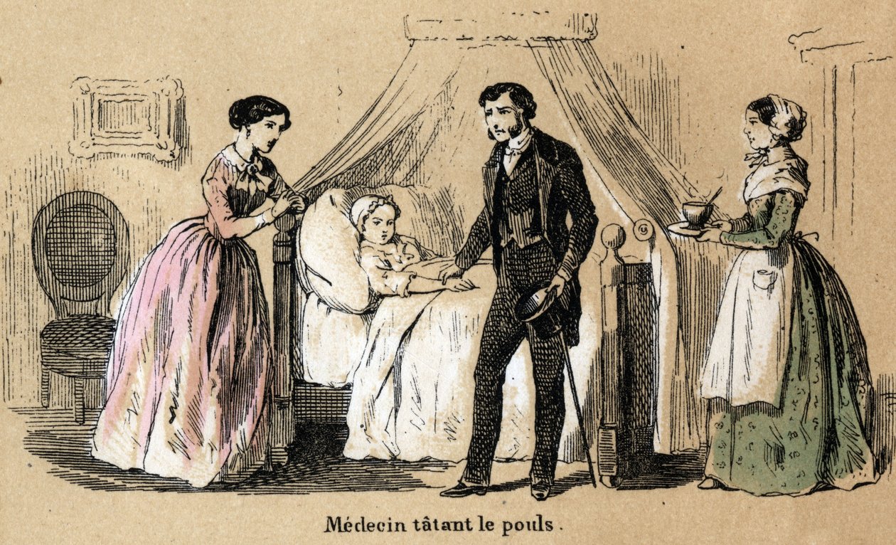 Description of the five senses: touch, a doctor taking the pulse of a sick girl. Plate 