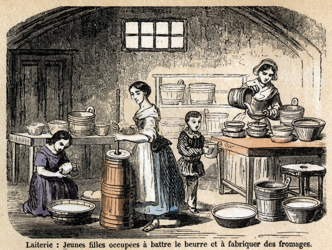 Description of the various jobs and sheep products: young dairy farmers making butter and cheeses in a dairy. Plate 