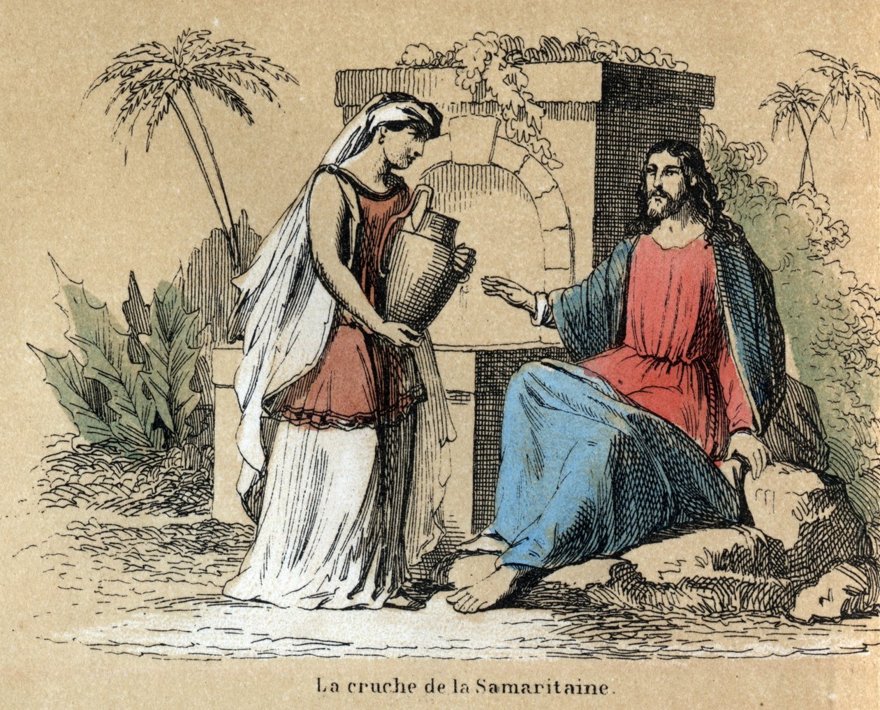 Description of the various stages of making and uses of clay: Jesus and Samaritan carrying a clay jug in the Bible. Plate 