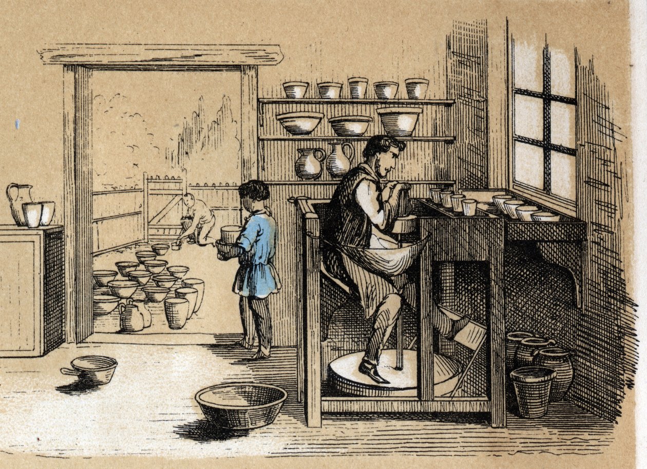 Beschreibung der verschiedenen Herstellungsstufen und Verwendungen von Ton: ein Töpfer bei der Arbeit. Tafel „Der Ton und seine Produkte“ in „les Recreations instructives“ Synoptisches Gemälde von Jules Delbruck, Gravur von 1860. Private Sammlung von French School