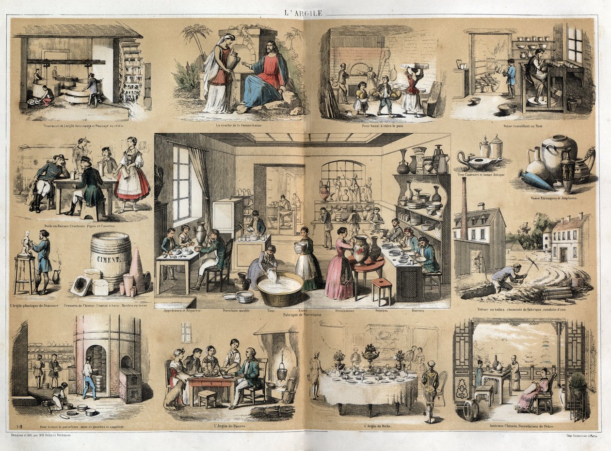 Beschreibung der verschiedenen Herstellungsstufen und Verwendungen von Ton: in der Mitte eine Werkstatt zur Herstellung von Porzellan (Malen, Vergolden, Reparieren), oben die Stufe des Zerkleinerns des Tons und dann des Schälens, dann Beschreibung des Ofen von French School