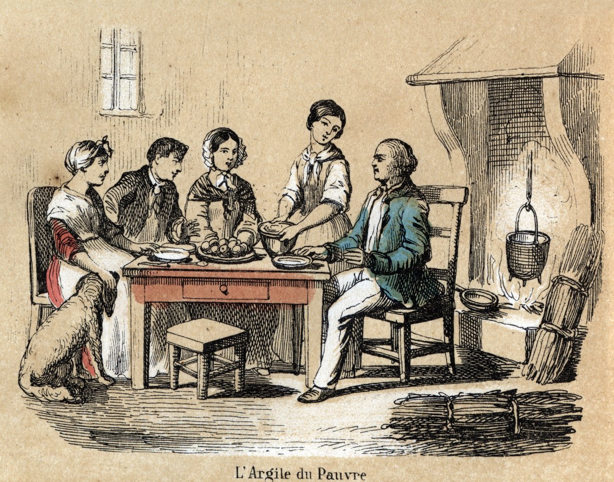 Description of the various stages of manufacture and uses of clay: the use of clay in the poor interns, a family reunited at the table eating in clay plates of mediocre quality. Plate 