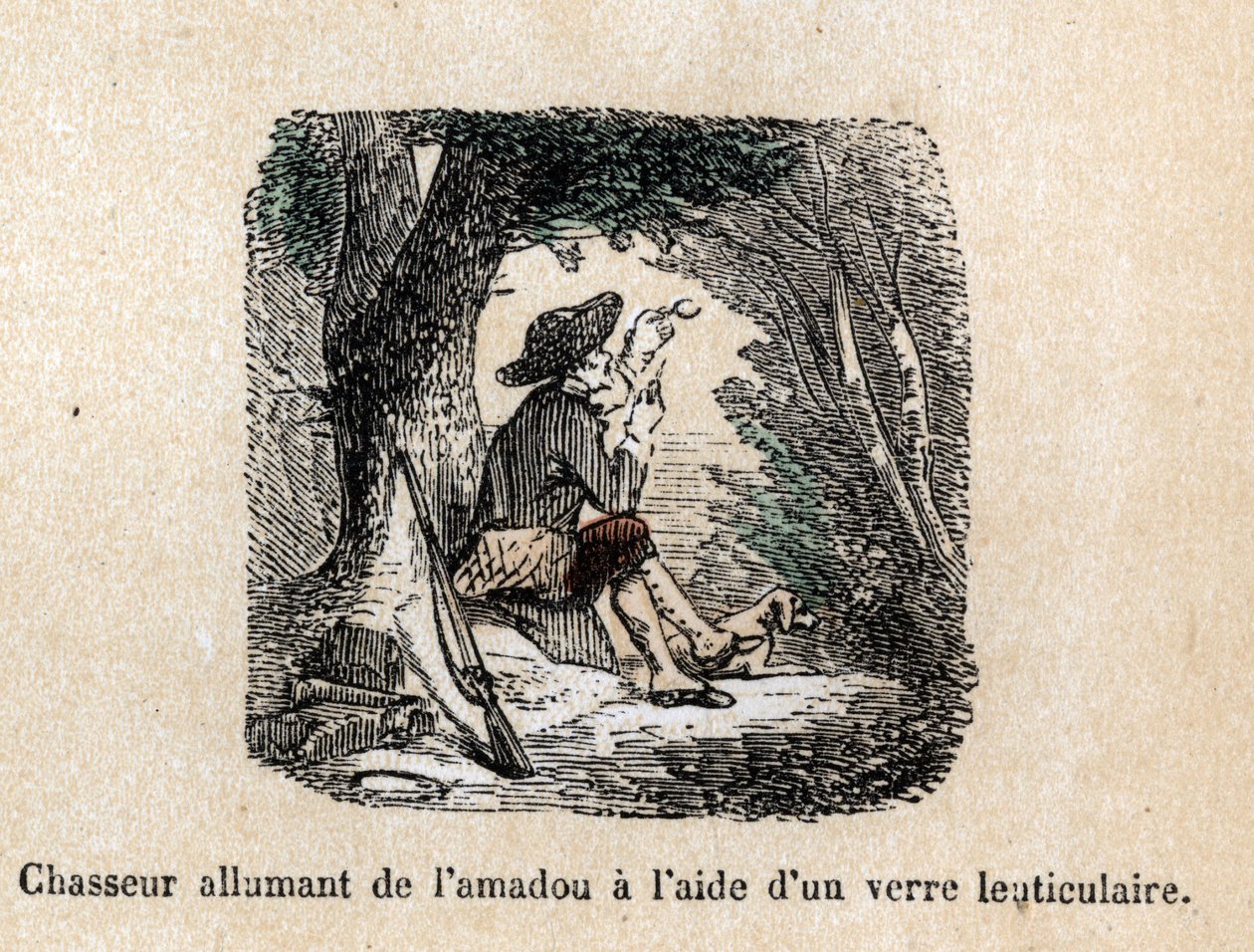 Beschreibung der verschiedenen Herstellungsstufen und Verwendungen von Glas: Ein Jäger, der den Zünder durch Anzünden mit einer Linse (oder Linsenglas) verbrennt. Tafel „Das Glas und seine Produkte“ in „Les Recreations instructives“, Synoptisches Gemälde v von French School