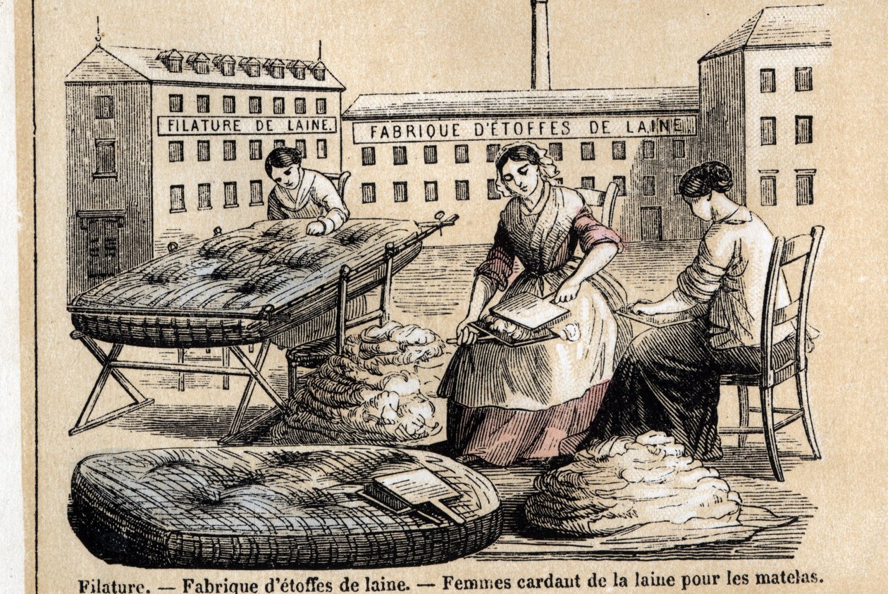 Description of the various uses and products of sheep: workers carding wool for mattresses in the yard of a factory. Plate 