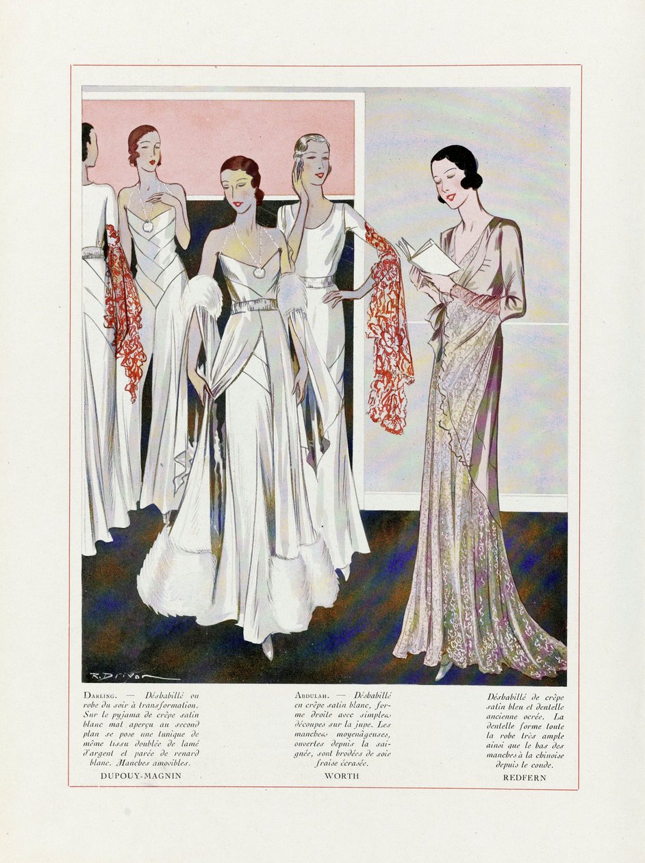 Design for Evening Dresses by Depouy-Magnin, Worth, and Redfern by French School