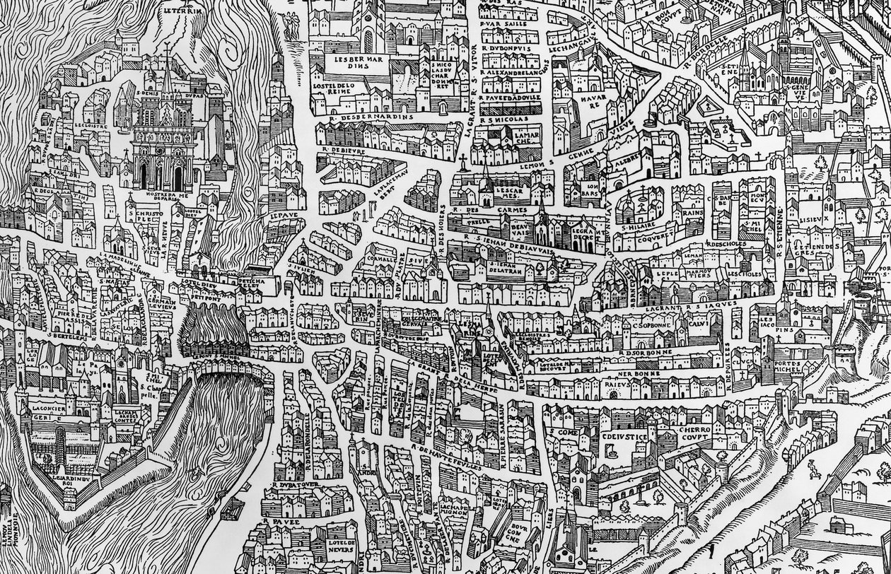 Detail from a Map of Paris in the Reign of Henri II Showing the Quartier des Ecoles, 1552 by French School