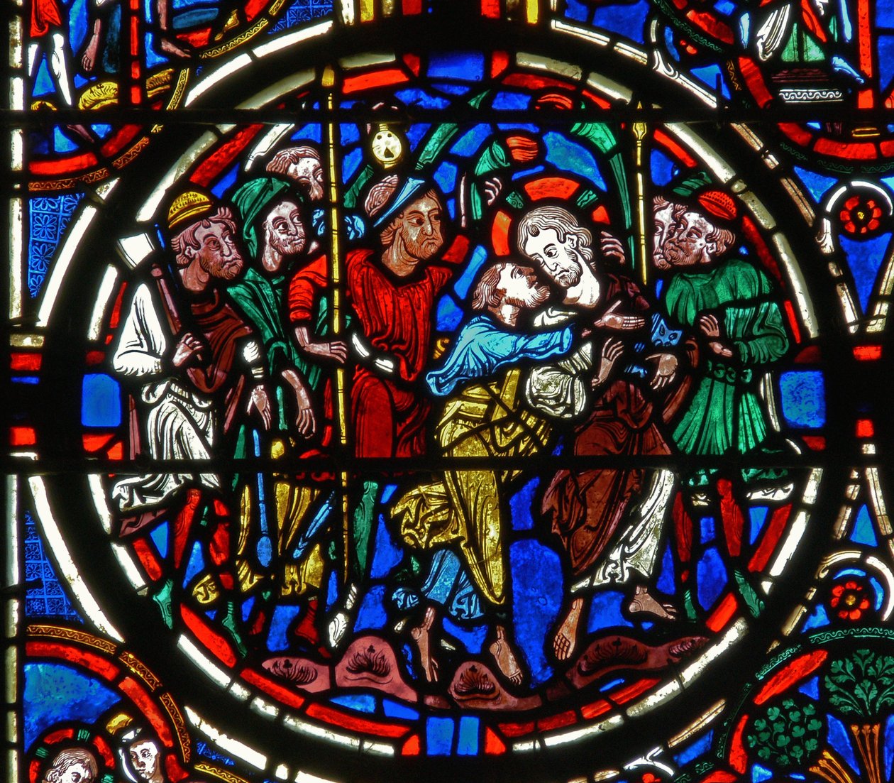 Detail from a window depicting the Passion: Judas betrayal by French School