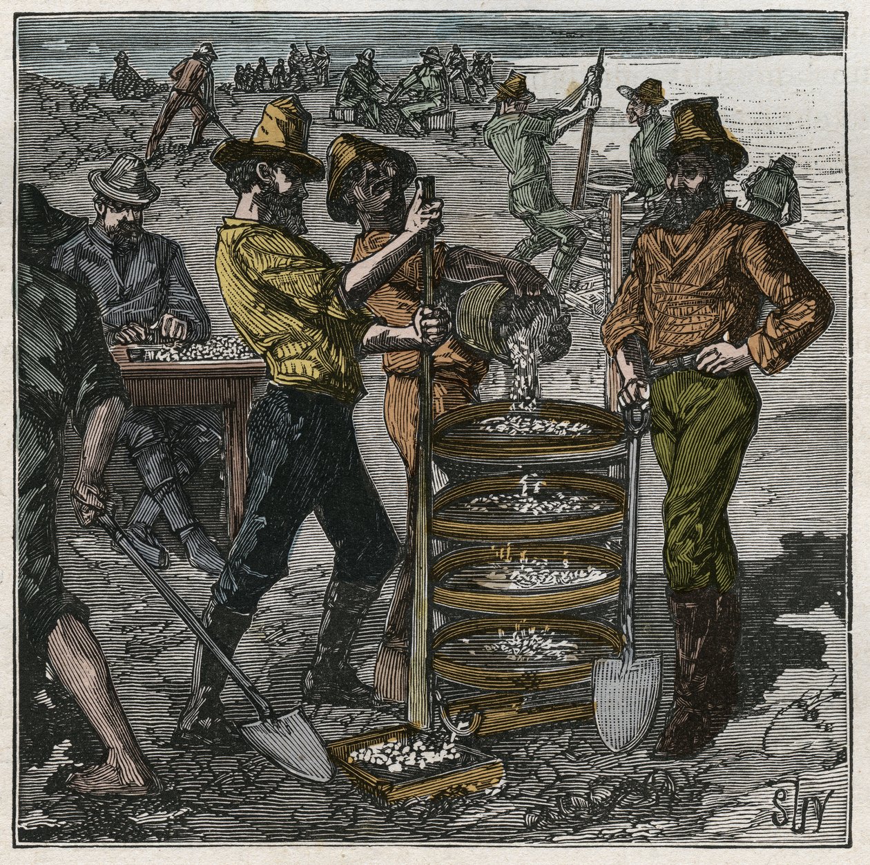 Diamond washing in South Africa in the 19th century. Engraving from 1885 in 