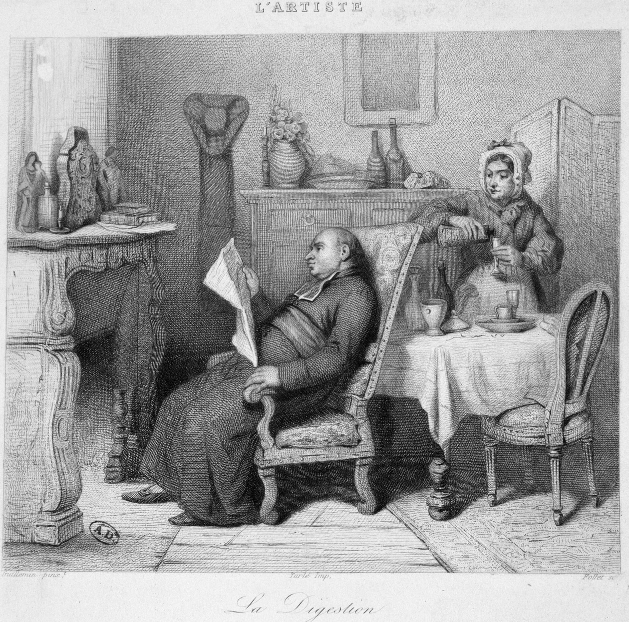 Digestion: Priest Reading His Diary in Front of the Chimney While His Maid Serves Him a Digestive - Engraving by French School