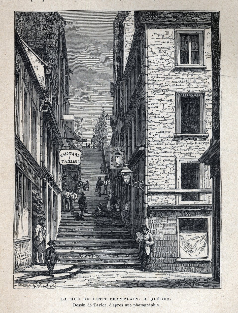 Discover Canada: Rue du Peute Champlain in Quebec. Drawing by Taylor from a photograph. Engraving from the end of the 19th century in 