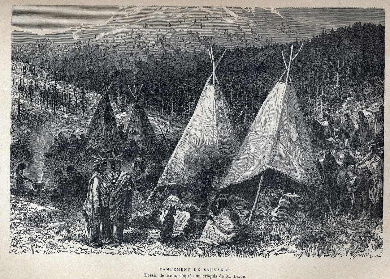 Discovery of Canada: American Indian Camp with teepees. Drawing by Riou from a sketch by Dixon. In La Nouvelle France by Eugene Guenin. by French School