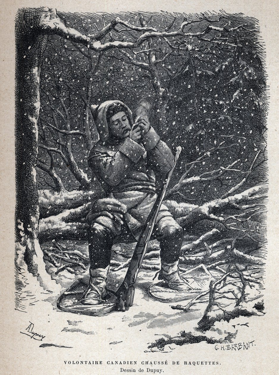 Discover Canada: Canadian Army Volunteer Snowshoe Shoes. Drawing by Dupuy. Engraving from the End of the 19th Century in La Nouvelle France by Eugene Guenin by French School