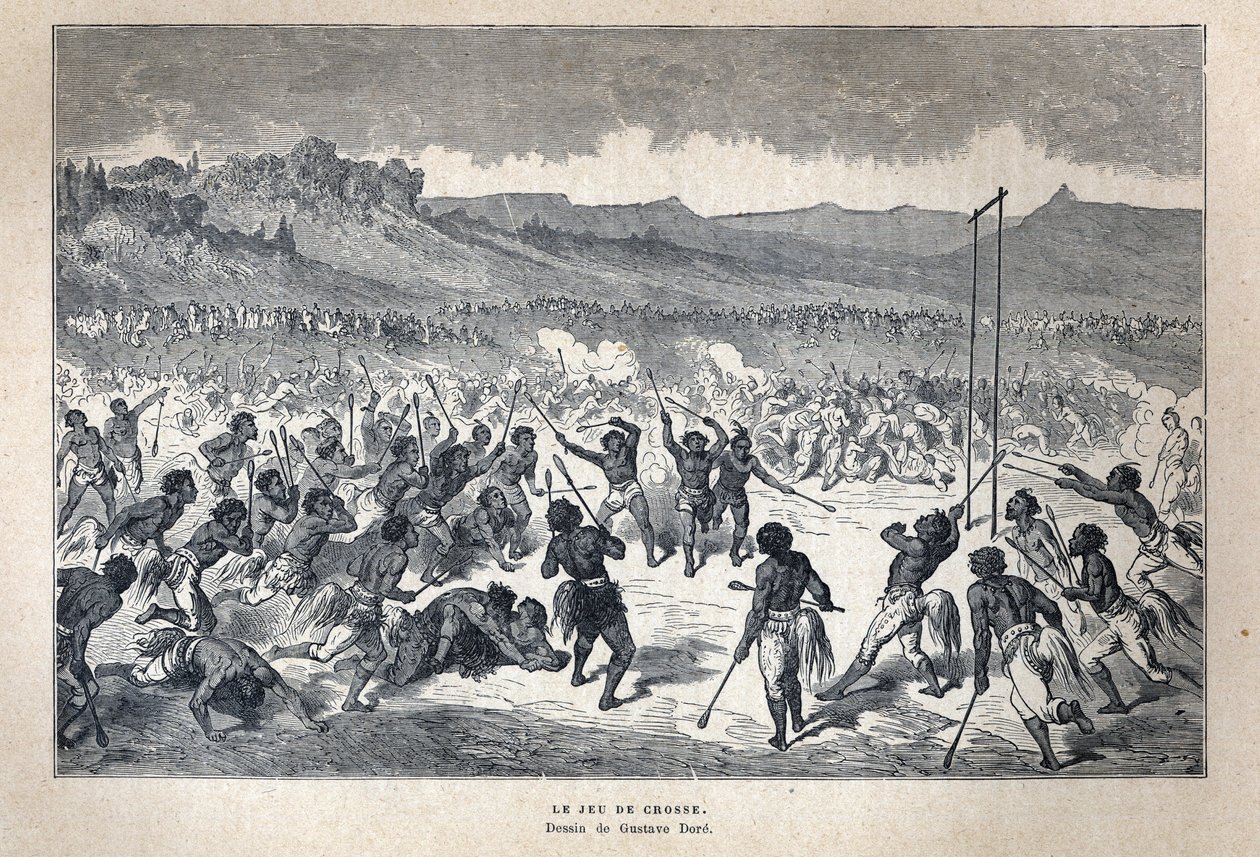 Discovered Canada: Sport. The American Indian lacrosse game. Engraving from the end of the 19th century in 