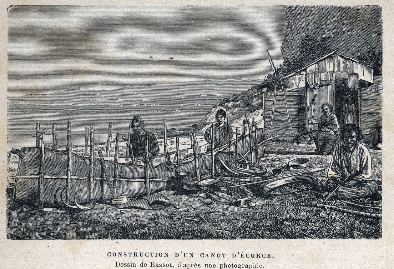 Discovery of Canada: construction of a bark canoe. Drawing by Bassot after photograph. Engraving from the end of the 19th century in 
