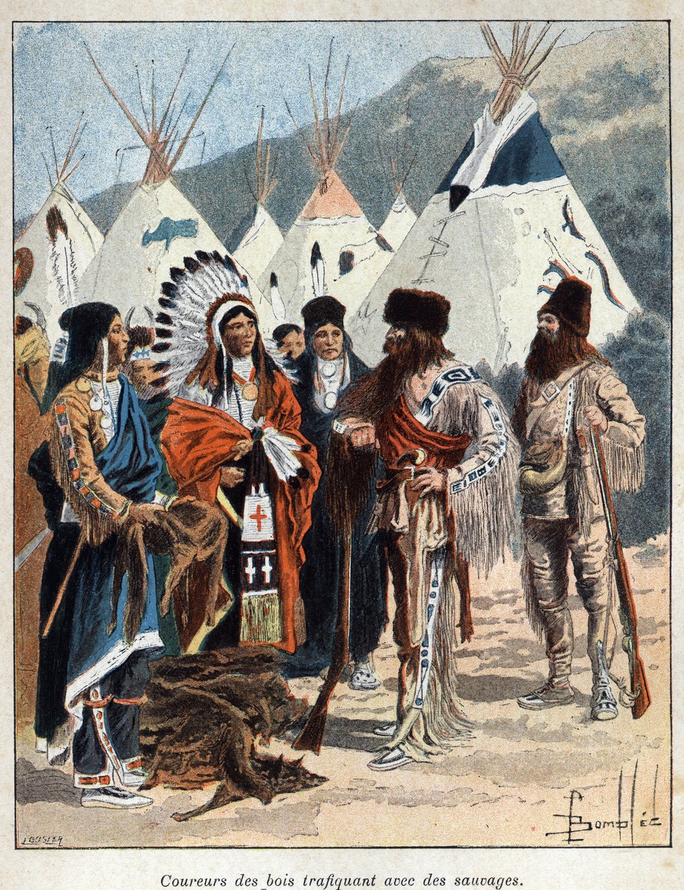 Discover Canada: The Coureurs de Bois, Involved in the Fur Trade with the Indians of America, Trading Animal Skins in the 17th Century. Engraving from the End of the 19th Century in La Nouvelle France by Eugene Guenin by French School