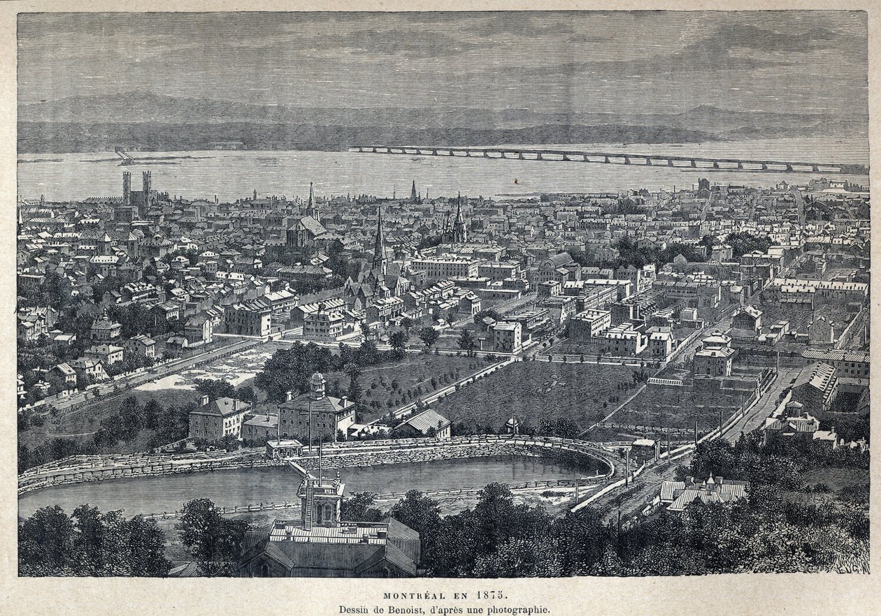 Discovery of Canada: view of the city of Montreal in 1875. Drawing by Benoist after photograph. Engraving from the end of the 19th century in 