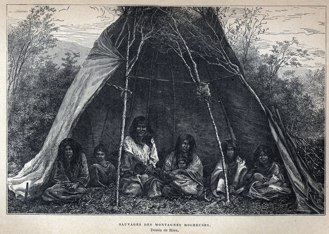 Discover Canada: American Indians Living in the Rockies. Engraving from the End of the 19th Century in La Nouvelle France by Eugene Guenin by French School
