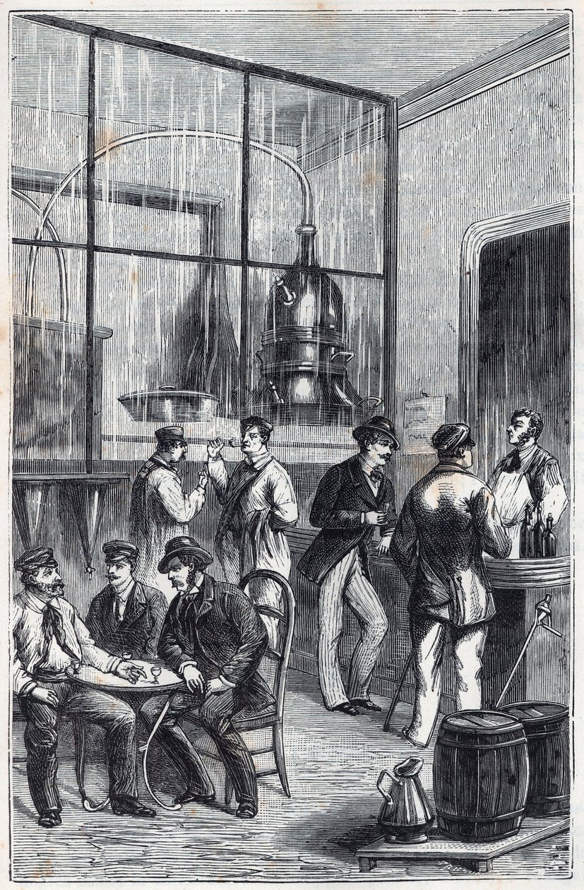Distillator shop in Paris in the 19th century - Engraving in Sciences made available to all - physics and chemistry by Alexis Clerc - End 19th century - Private collection by French School