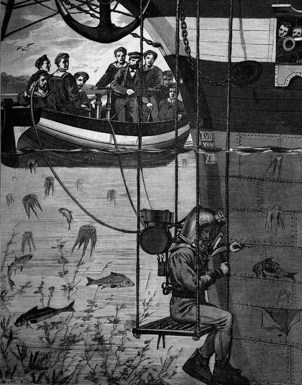 Diver apparatus: the scaphandler at work by French School