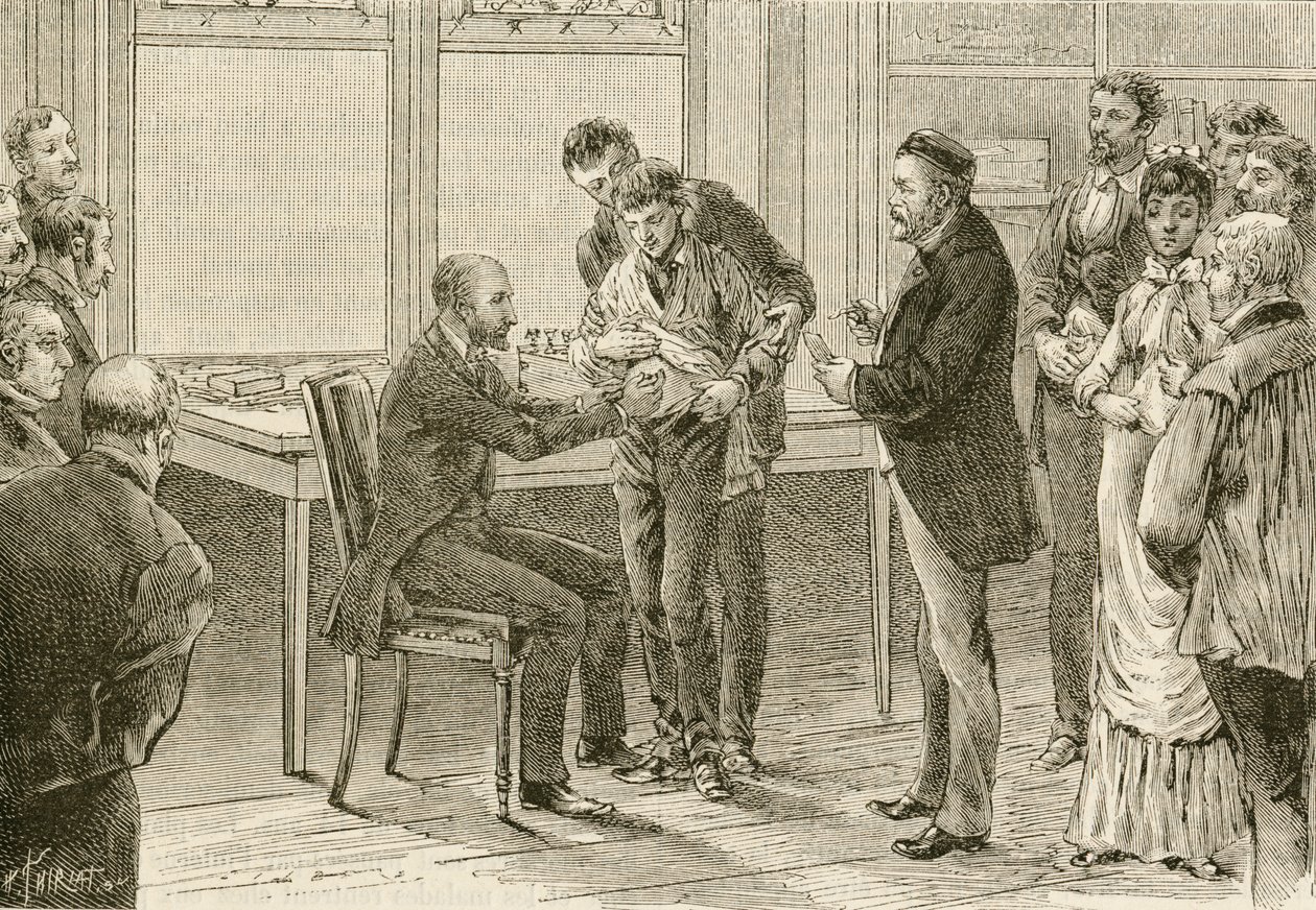 Doctor Pasteur examining boy infected with rabies by French School