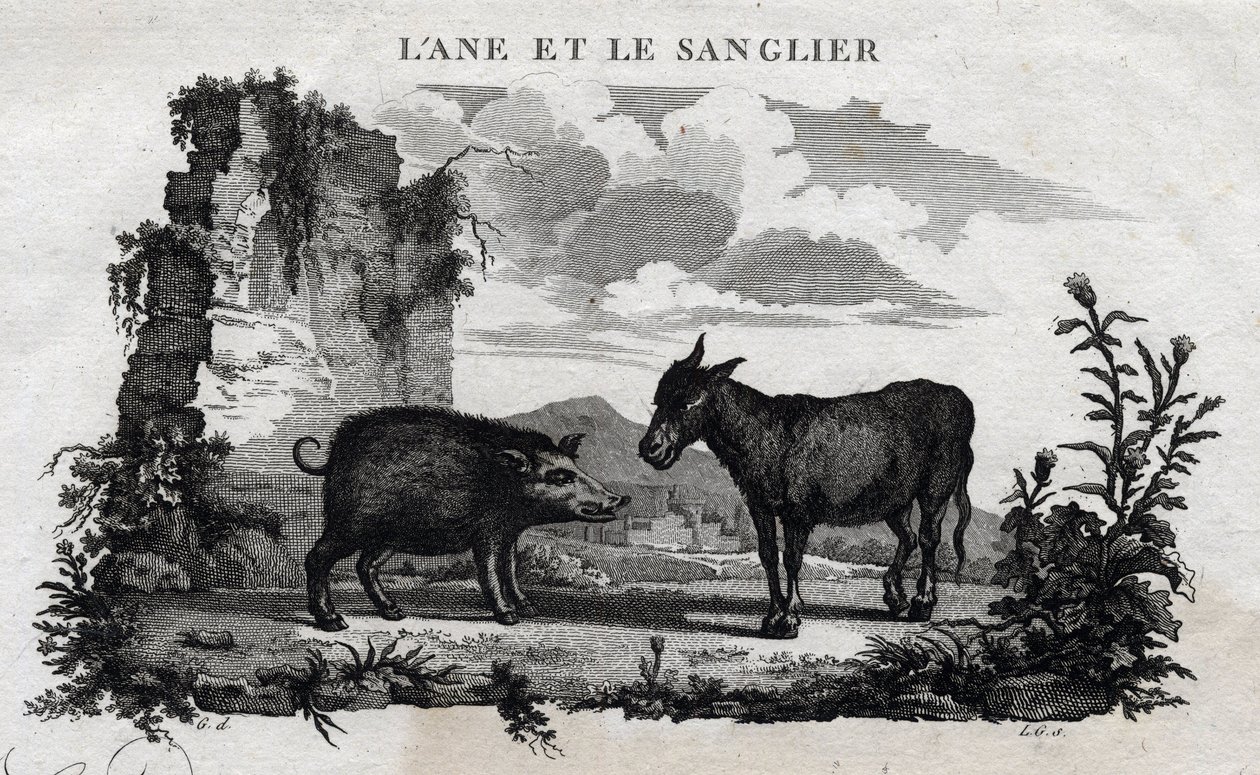 Donkey and Boar. Fable of Aesop. Written by Guillaume Montfort and engraved by Beauble in 1801. by French School